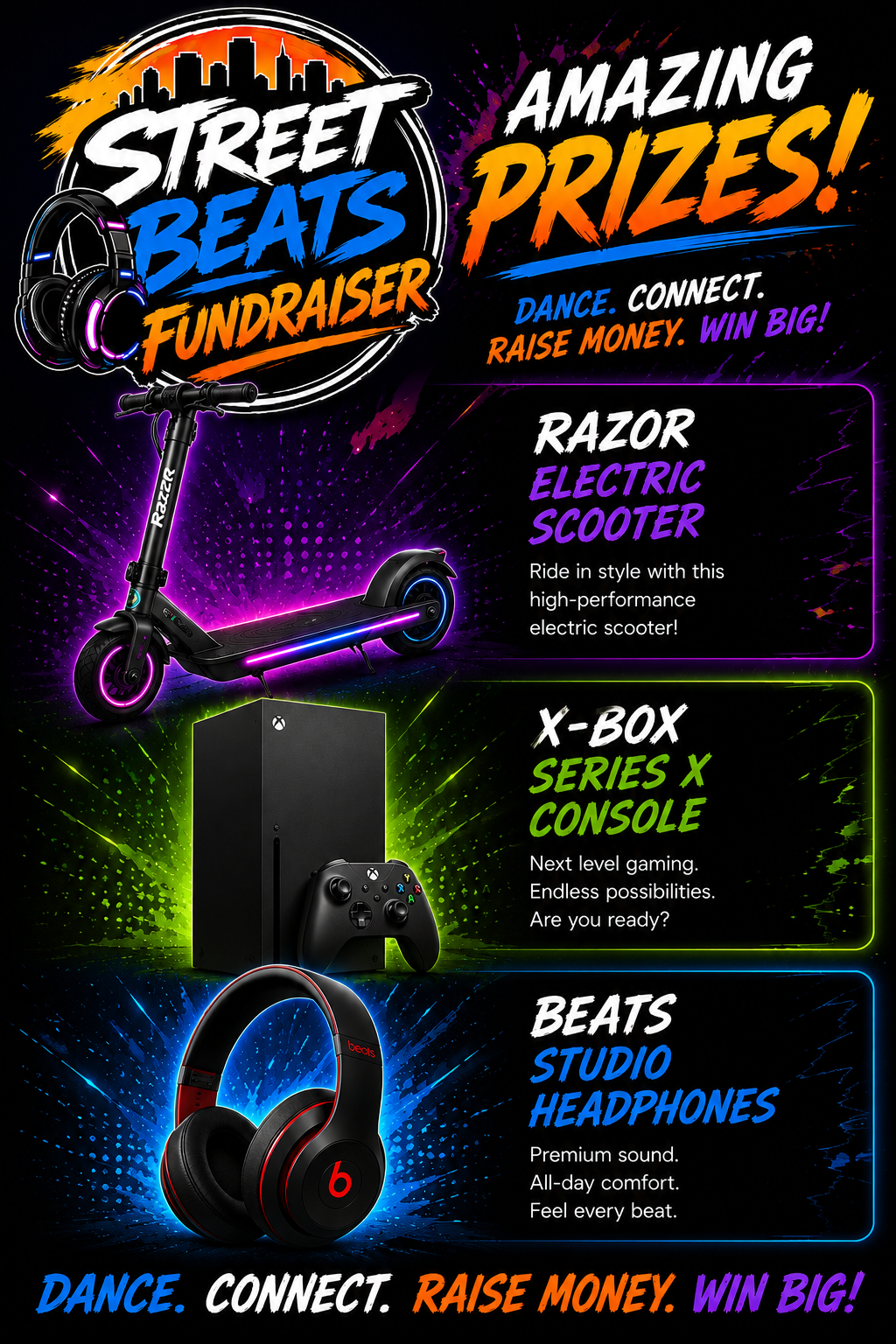 Street Beats Amazing Prizes - Razor Electric Scooter, Xbox Series X Console, Beats Studio Headphones